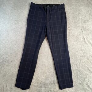 H&M Mens Dress Pants 33R Slim Skinny Windowpane Check Navy Trousers Modern Fit